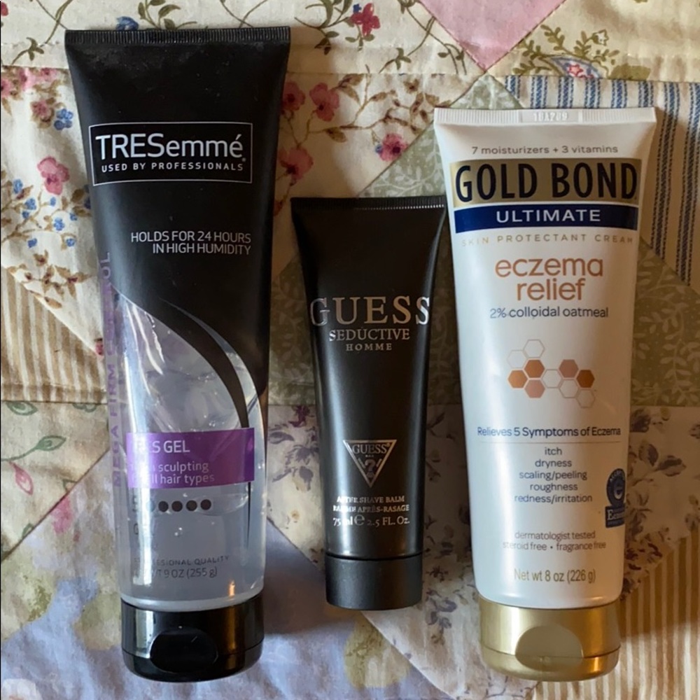 Hair gel, aftershave, and lotion